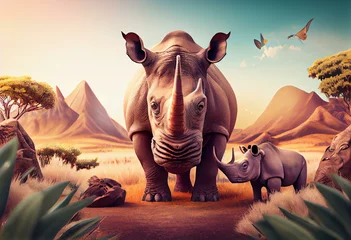 Tuinposter cartoon safari scene with cheetah and rhinoceros rhino near the mountain on some meadow illustration for children. Generative AI © Emma