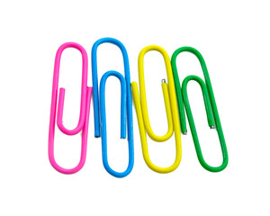 different colored paperclips isolated on white background