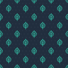 Green line Leaf icon isolated seamless pattern on blue background. Leaves sign. Fresh natural product symbol. Vector