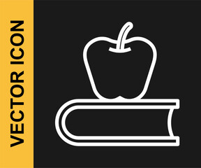 White line Book with apple icon isolated on black background. Vector