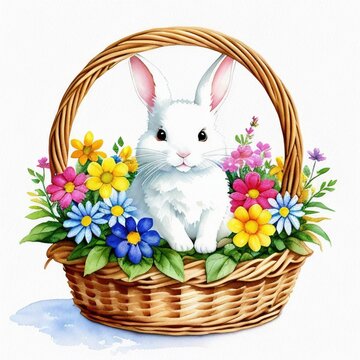 Easter Bunny in a Basket.his watercolor painting captures the essence of Easter with an adorable rabbit nestled among a colorful collection of spring flowers and whimsical Easter eggs.