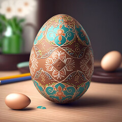 A painted egg with flowers on it is on a table.