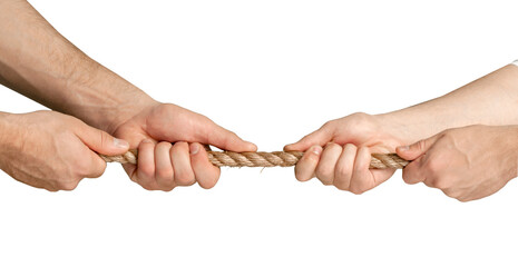 Hands holding rope with fingers on white background. each one is shot