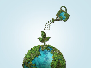 Invest in our planet. Earth day 2023 concept background. Ecology concept. Design with globe map drawing and leaves isolated on white background.  © DOERS