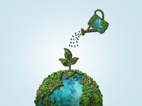 Invest in our planet. Earth day 2023 concept background. Ecology concept. Design with globe map drawing and leaves isolated on white background. 