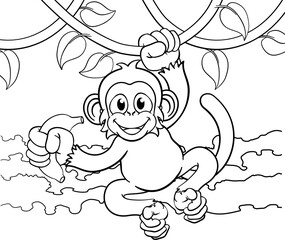 Monkey Singing On Jungle Vines With Banana Cartoon