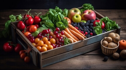 Food selection in paper box: fruit, vegetable, herbs, legumes, cereals, leaf vegetable on wooden background. Generative ai.