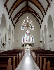 Wedding Theme, Wide angle picture of empty church with arched ceiling with wooden beams, stained glass windows, prepared for wedding with flowers and runner, created with Generative AI technology