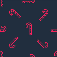 Red line Christmas candy cane with stripes icon isolated seamless pattern on black background. Merry Christmas and Happy New Year. Vector