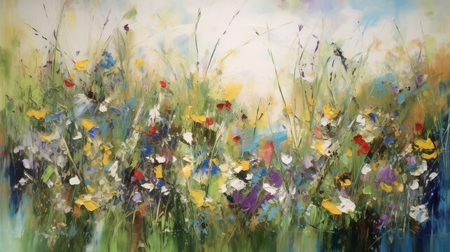 Vintage Oil Painting Of Wildflower Field With Thick Chunky Brush Strokes In Spring