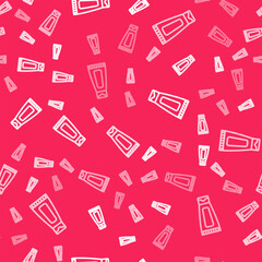 White line Cream or lotion cosmetic tube icon isolated seamless pattern on red background. Body care products for woman. Vector