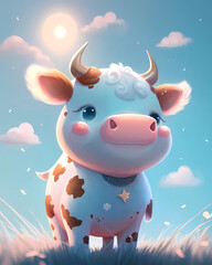 Cow in the Grass with Flowers Cartoon Illustration - ( Generative AI ) 