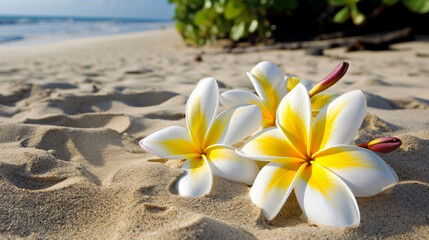 Obraz na płótnie Canvas Plumeria flowers on the beach on the sand. selective focus. flower Generative AI,