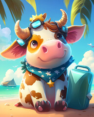 Fototapeta premium cartoon of cow on a beach ( generative ai )