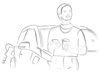 Woman drinking coffee while charging electric car vector storyboard