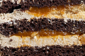 a piece of chocolate cake with caramel and peanuts
