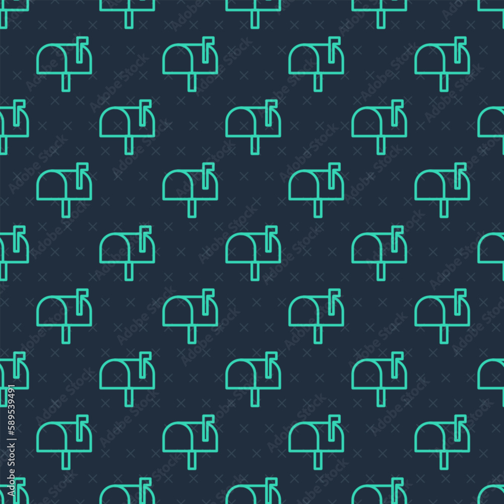 Poster green line mail box icon isolated seamless pattern on blue background. mailbox icon. mail postbox on
