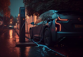 Fototapeta na wymiar Electric car charging created with AI. Generative AI