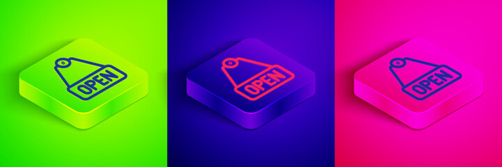 Isometric line Hanging sign with text Open door icon isolated on green, blue and pink background. Square button. Vector