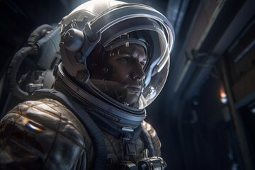 Close-up of a man in a space suit. Photorealistic style. Generative AI.