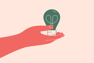 Human hand holds green light bulb. Alternative electricity resources and saving of energy concept. Eco friendly ideas in business. Vector illustration
