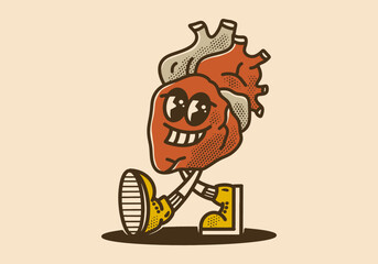 Vintage mascot character design of a red heart with smiling face