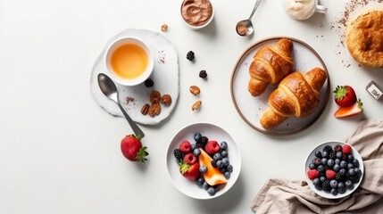 Obraz na płótnie Canvas Healthy breakfast set on white background, top view, copy space. Generative ai.