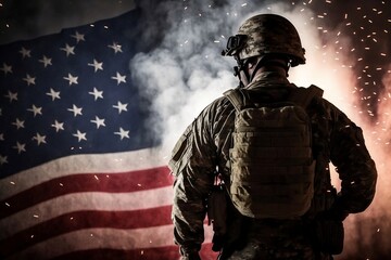 Fototapeta premium Memorial Day Patriotic Soldier Salutes Spectacular Fireworks Display with American Flag
