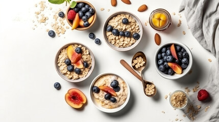 Healthy breakfast set on white background, top view, copy space. Generative ai.