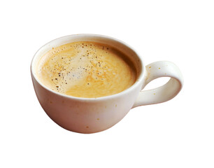 Closeup a cup of hot frothy coffee isolated on transparent background, PNG file