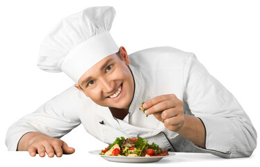 Portrait of a male chef cook preparing salad  isolated on  background