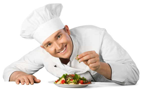 Portrait of a male chef cook preparing salad  isolated on  background