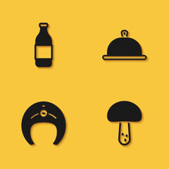 Set Bottle of wine, Mushroom, Fish steak and Covered with tray food icon with long shadow. Vector