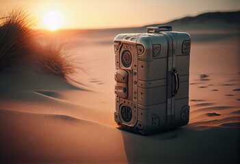suitcase on beach against sun. Generative AI