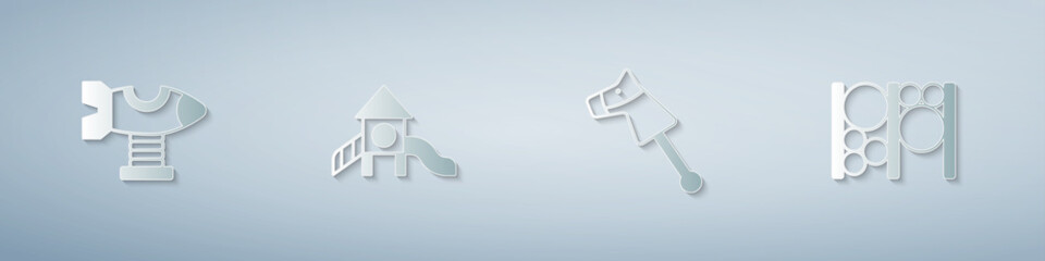 Set Swing plane, Slide playground, Toy horse and Playground climbing equipment. Paper art style. Vector