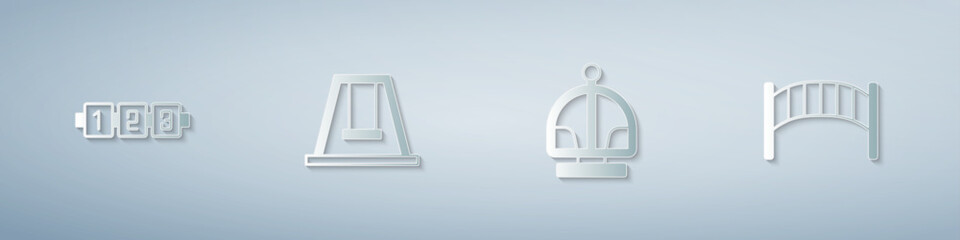 Obraz premium Set Education logic game, Swing for kids, Attraction carousel and Playground bridge. Paper art style. Vector