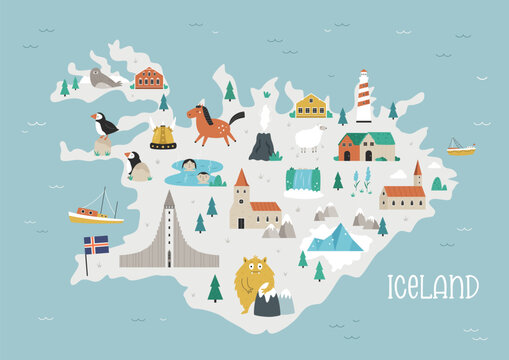 Vector illustration of Iceland map with famous symbols, landmarks, animals.