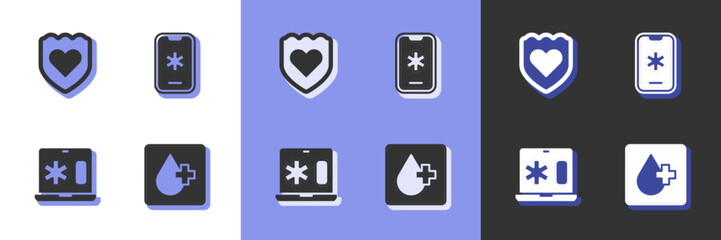 Set Blood test, Immune system, Clinical record on laptop and Emergency call 911 icon. Vector