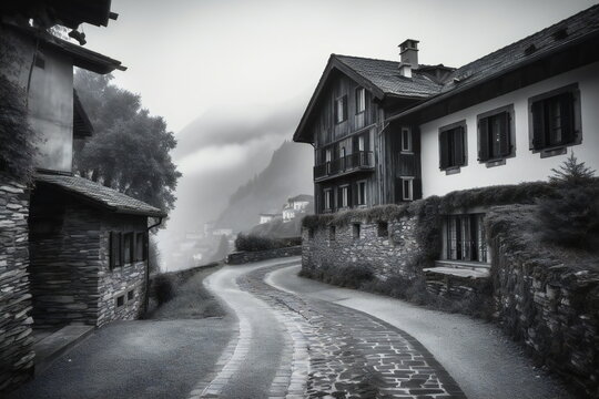 Bergdorf im Kanton Graubünden in der Schweiz als schwarz-weiss Foto
