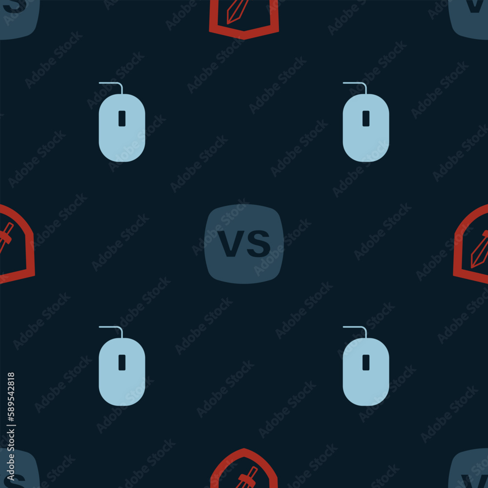 Poster set sword for game, vs versus battle and computer mouse on seamless pattern. vector