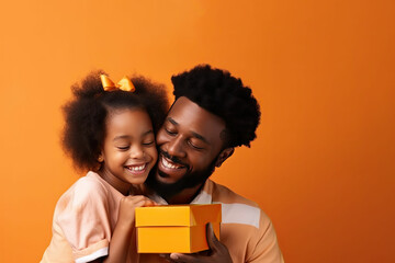 Little black daughter surprising his African American Father with gift, giving him present box while sitting together on sofa at home. Father’s day concept. Generated Ai