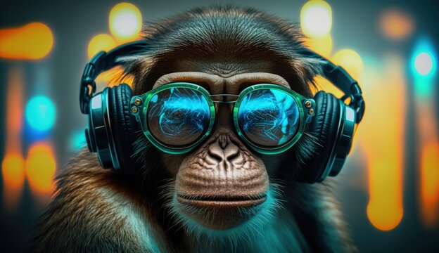 a monkey with headphones and a pair of headphones, generative AI
