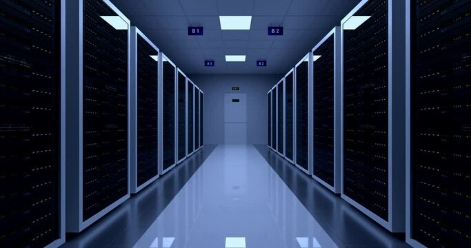 Modern Server Room Environment. Computer Racks All Around. Futuristic Data Center. Technology Related 4K 3D Animation.