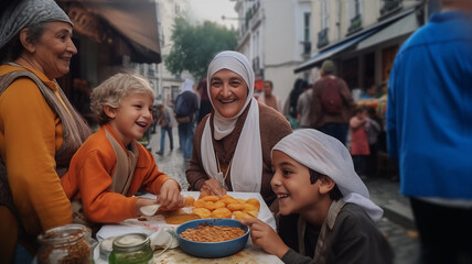French Muslim during the end of Ramadan fast in Paris. Iftar, fasting is broken in a French town. Generative AI.