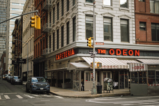 The Odeon vintage sign in Tribeca, Manhattan, New York