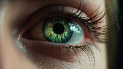 Eye of a woman as a macro shot with green color. Generative AI.