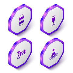 Set Isometric Fishing net, lure, Spinning reel for fishing and float water icon. Purple hexagon button. Vector