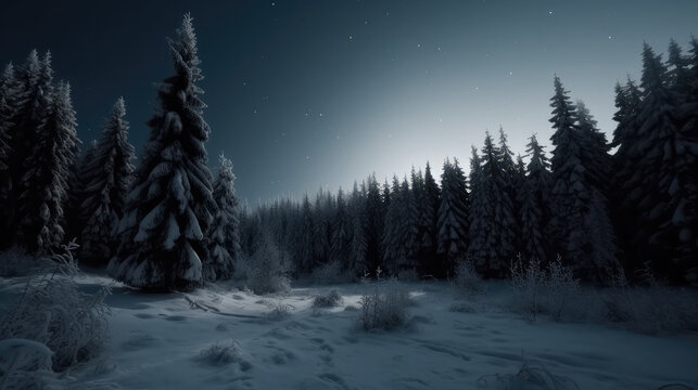 Beautiful landscape with several trees and a lot of snow in the middle of the night in winter. Generative AI. © Markus