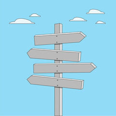 Direction sign on blue background with clouds. Vector design.