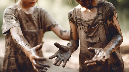 Naklejka premium Girls playing with nature with their hands and clothes stained with mud. Concept of nature and children's play. Generative ai